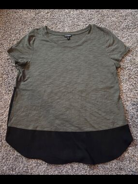 Express Olive Green Short Sleeve Tee with Black Sheer Accent Hem